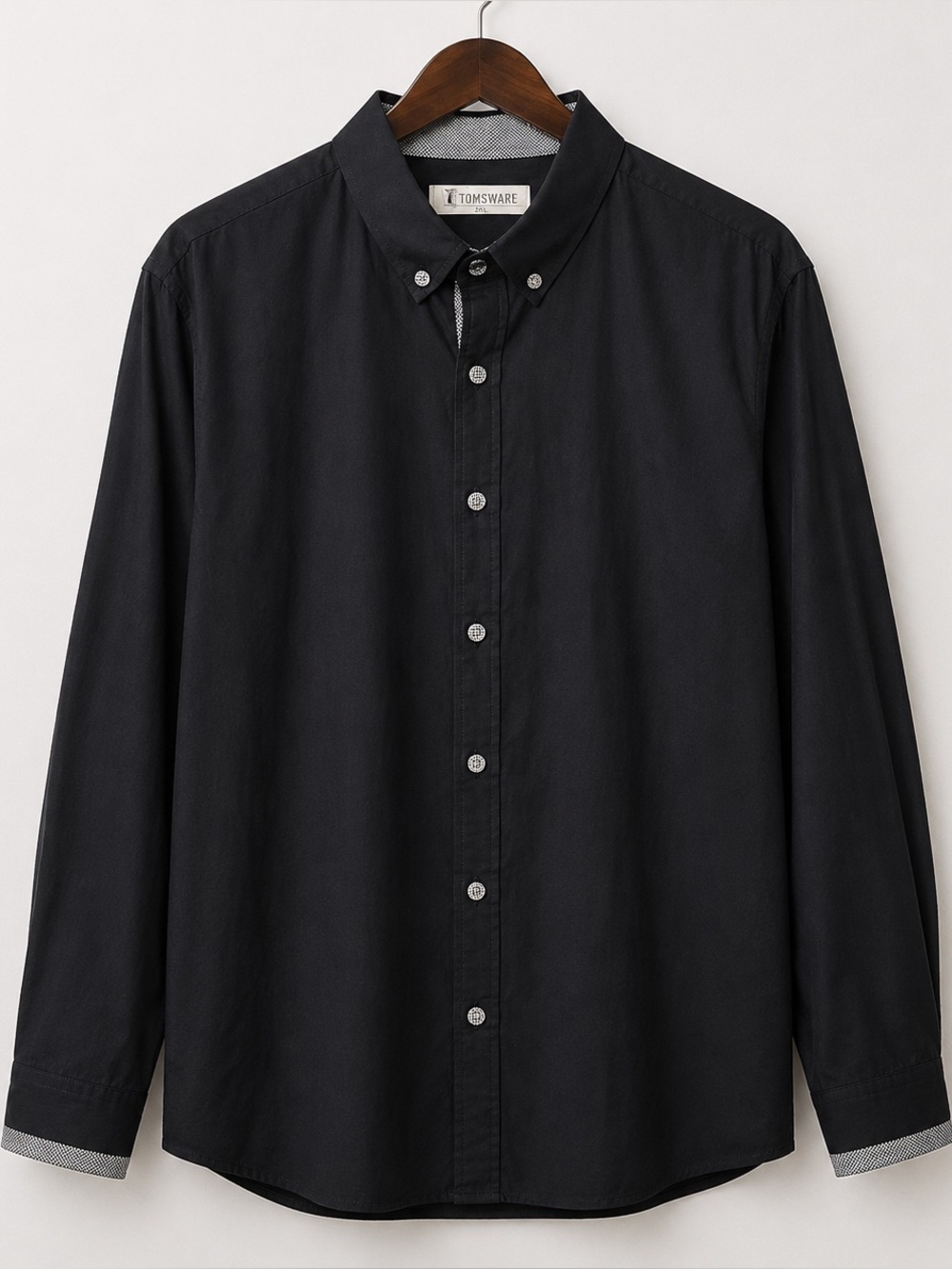 Men’s Black Contrast Trim Button Down Shirt Micro Check Tomsware 3XL